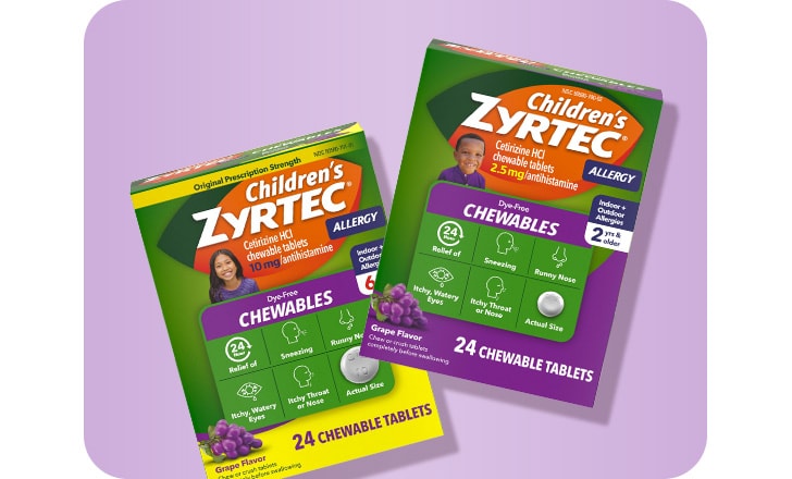 Two Children's Zyrtec Allergy tablets, one for six years old and older and one for two years and older.