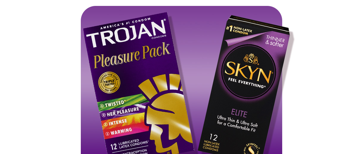 Trojan Pleasure Pack and Skyn condoms.