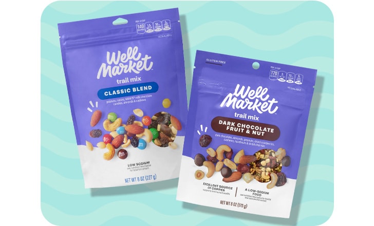 Well Market Classic Blend and Dark Chocolate Fruit and Nut trail mix.