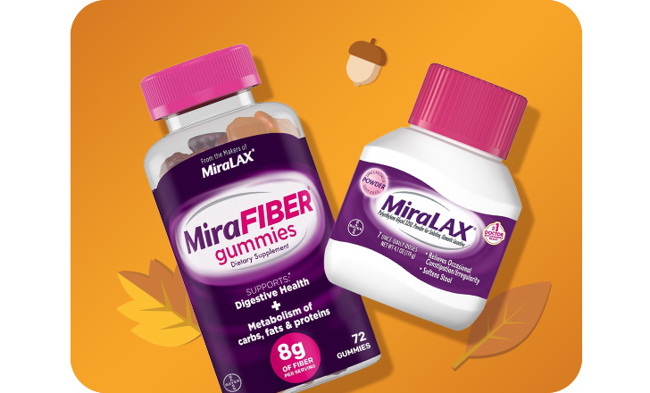 MiraFiber gummies and MiraLAX against an orange background with leaves and acorns.