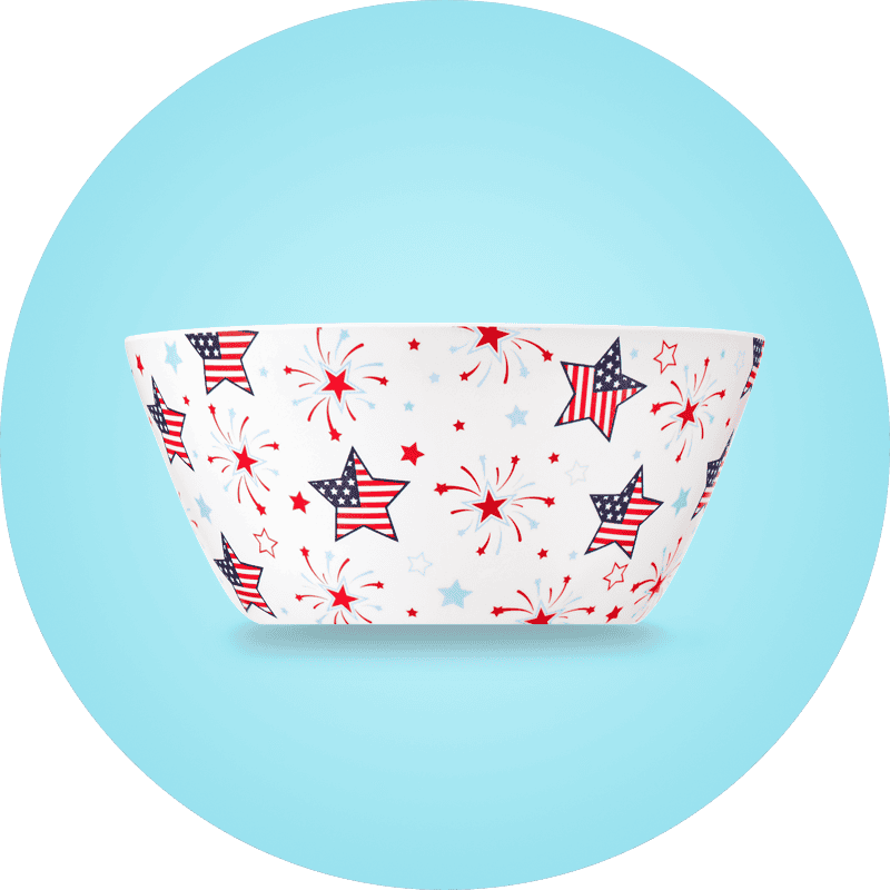 America-themed white pouch with red, white and blue stars and fireworks