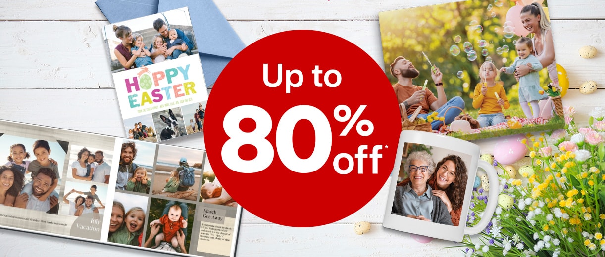 Up to 80% off. Happy Easter card, personalized gift mug, and photobooks with Easter eggs and flowers