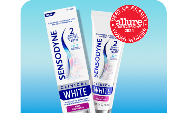 Sensodyne Clinical White teeth whitening toothpaste, Allure 2024 Best of Beauty Award Winner badge.