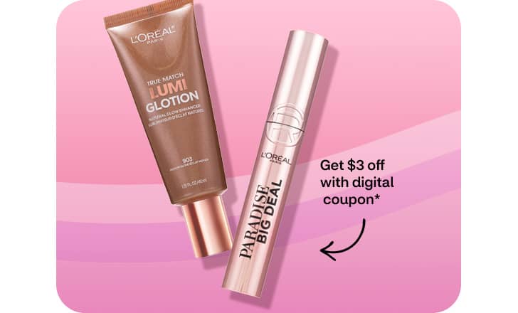 Get $3 off with digital coupon, L'Oréal Paris Lumi Glotion and Paradise Big Deal mascara