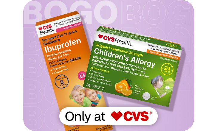 Only at CVS. Buy 1, get 1 50% off. CVS Health ibuprofen and children's allergy tablets.