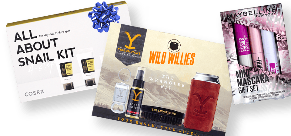 Beauty gift sets, including All About Snail Kit, Yellowstone Wild Willies The Wrangler Kit and Maybelline Mini Mascara gift set.