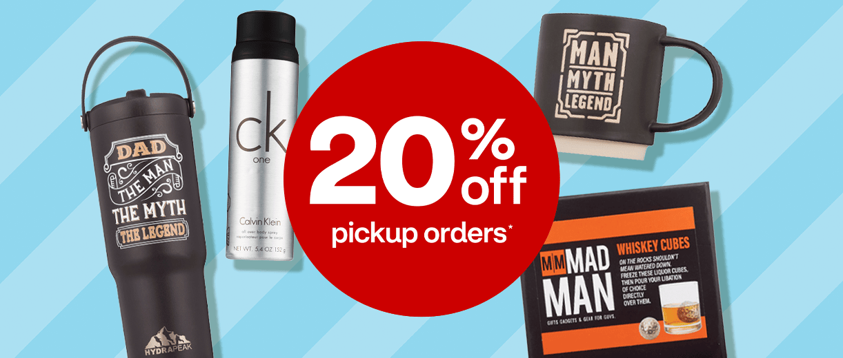 Twenty percent off pickup orders. Insulated mug with text that says Dad, the man, the myth, the legend; ck one fragrance by Calvin Klein, Mad Man whiskey cubes and mug with text saying Man, Myth, Legend.