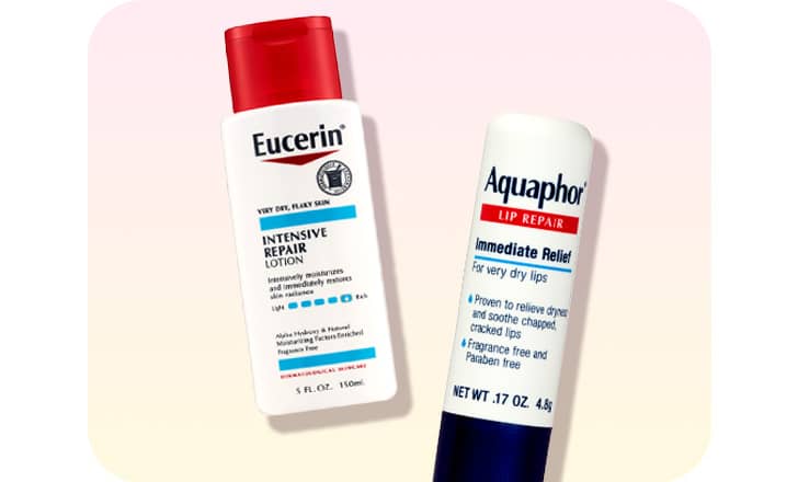 A bottle of Eucerin intensive repair lotion and a tube of Aquaphor lip repair