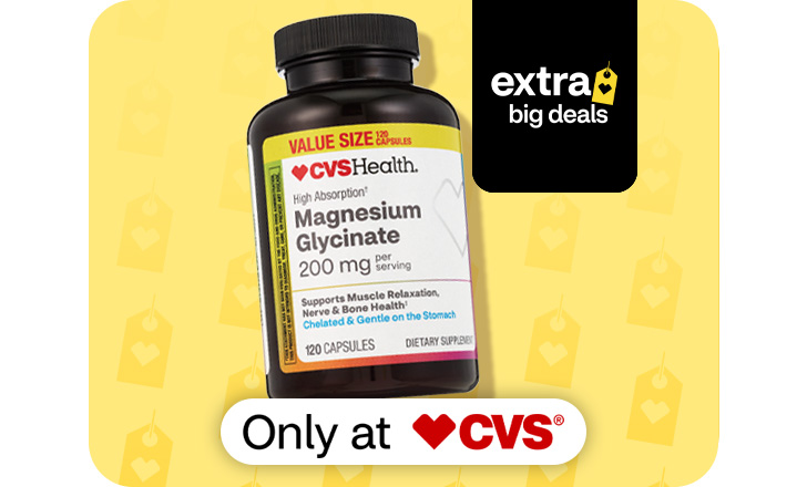 A value size bottle of CVS Health Magnesium Glycinate capsules, only at CVS, extra big deals