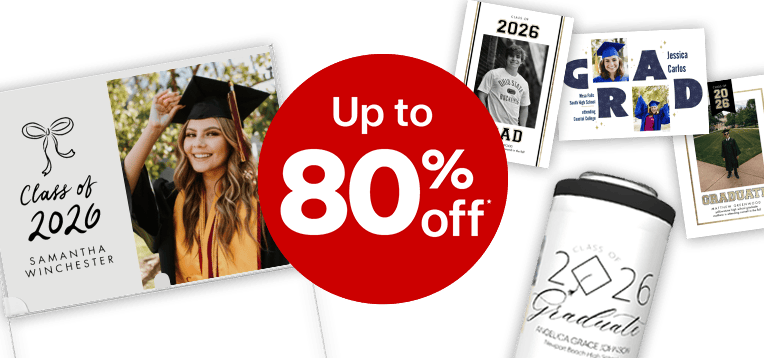 Up to 80% off. Class of 2026 personalized photo cards and can coolers with pictures of graduates against a blue background with gold confetti.