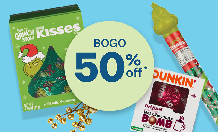 Buy one, get one 50 percent off, Hershey's Kisses Grinch jumbo Kiss and tube of kisses, Dunkin hot chocolate bomb