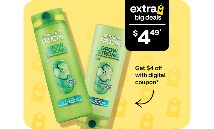 Extra Big Deals, $4.49. Get $4 off with digital coupon. Garnier Fructis Grow Strong shampoo and conditioner.