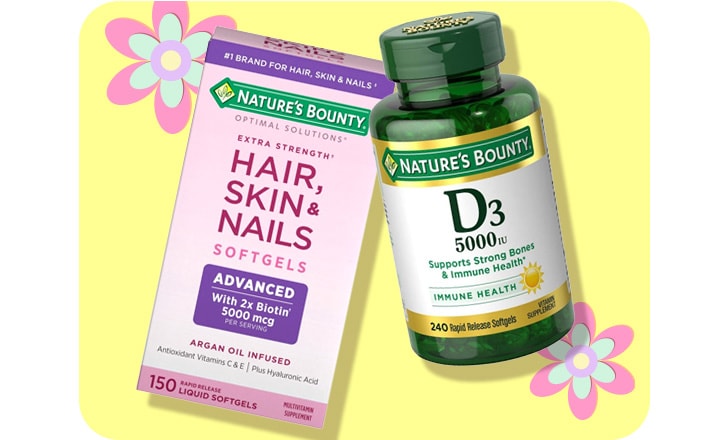 Nature's Bounty Hair, Skin & Nails softgels and D3 immune health softgels.