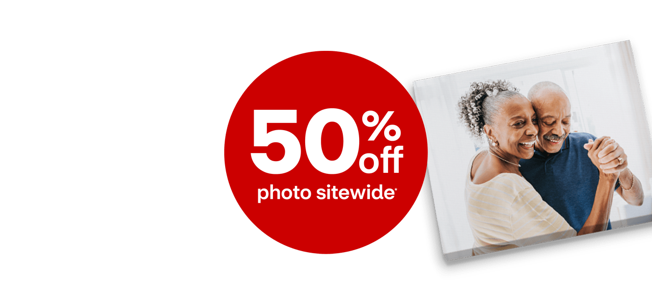 50% off photo sitewide, picture of a family in a frame, picture of young couple in a frame, photobook cover of a couple dancing with a red gift box and hearts