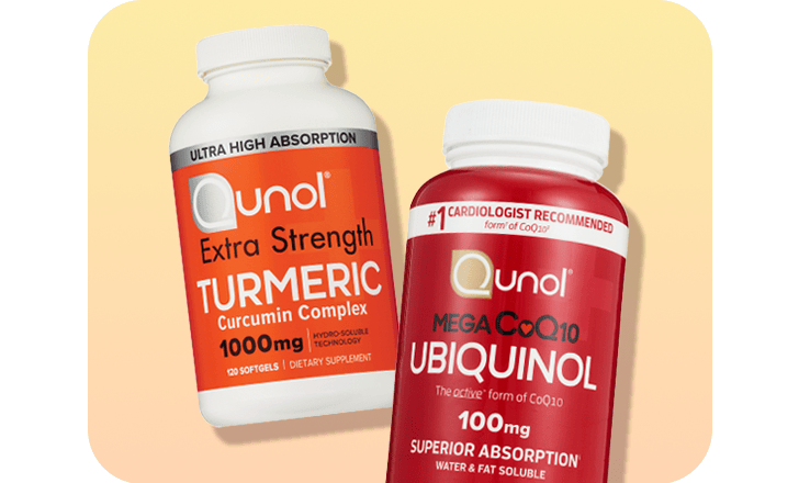 Bottles of Qunol Turmeric and Mega Co Q 10 Ubiquinol supplements.