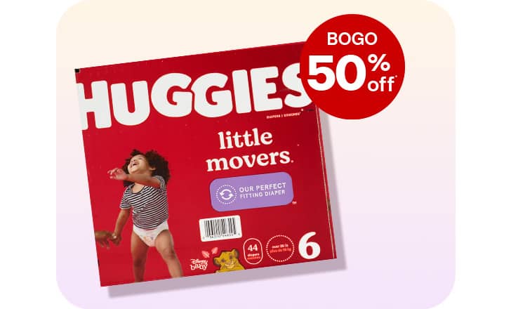 Buy one, get one 50 percent off, a box of Huggies Little Movers diapers