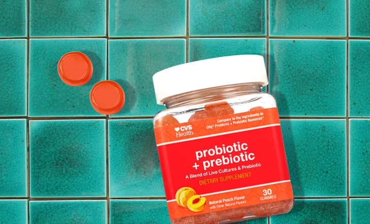 A bottle of CVS Health probiotic plus prebiotic supplements