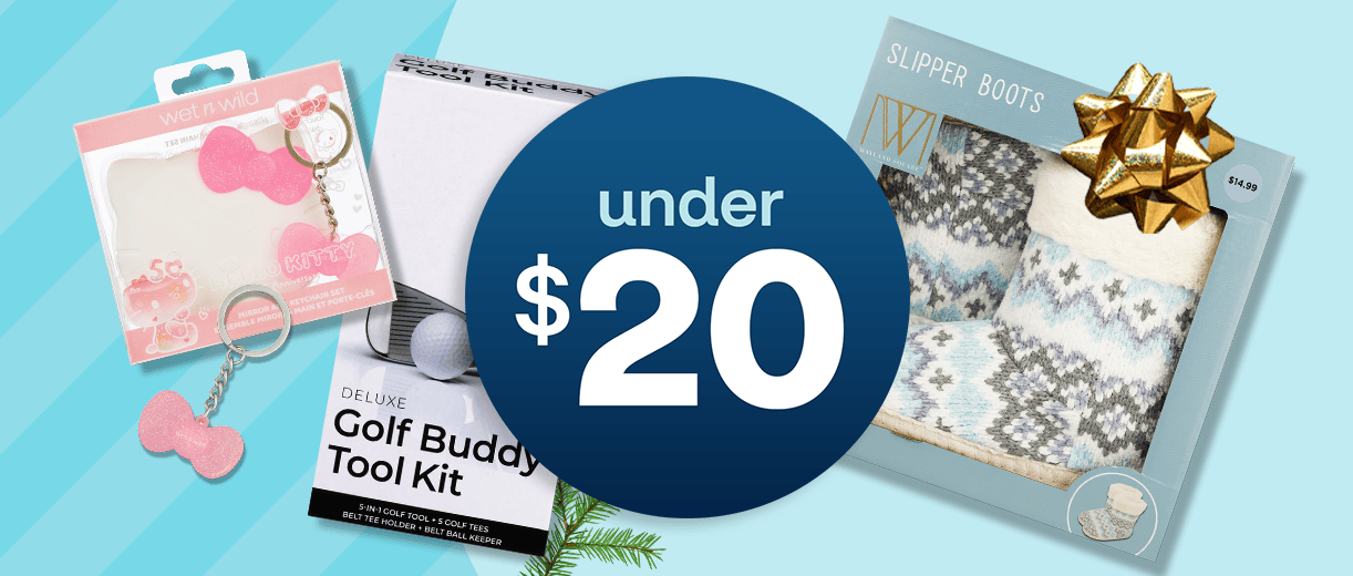 Gifts under $20, including Wet 'n Wild Hello Kitty gift set, Gold Buddy Tool Kit and Wayland Square Slipper Boots.