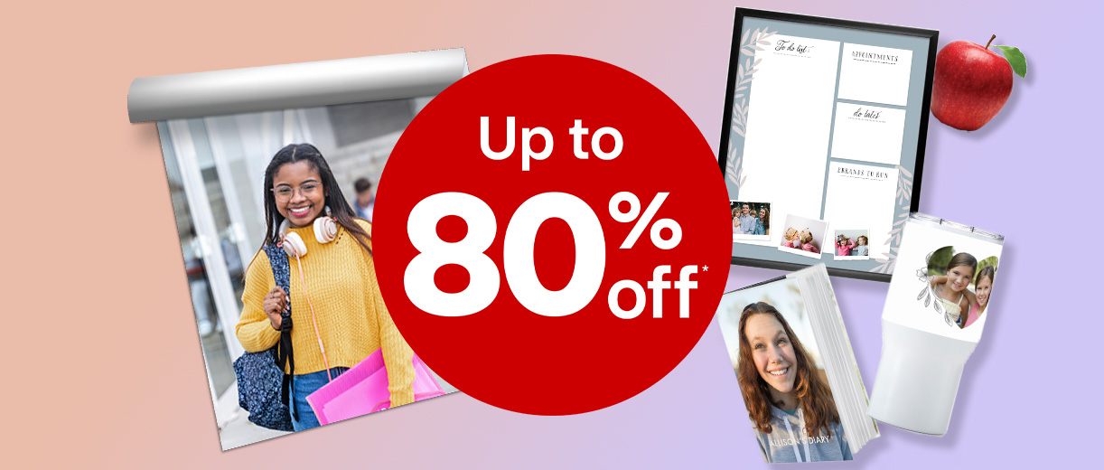 Up to 80 percent off, repositionable poster, dry erase board, travel mug and diary with back-to-school photos