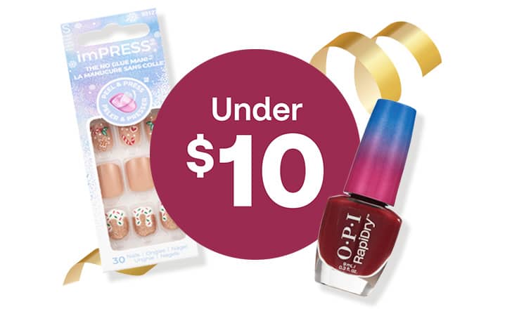 Under $10, imPress nails and OPI RapidDry nail polish.