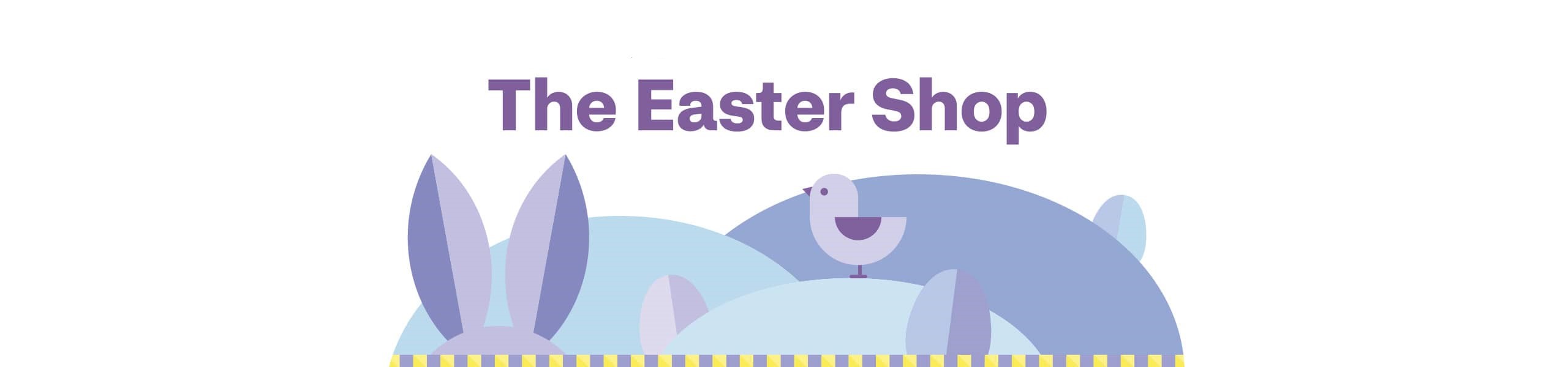 Easter is March 31. The Easter Shop. Bunny ears, Easter chick and eggs.