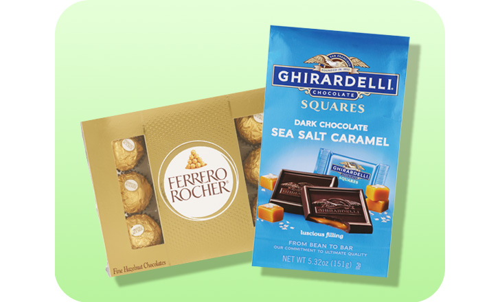 Ferrero Rocher and Ghirardelli chocolates.