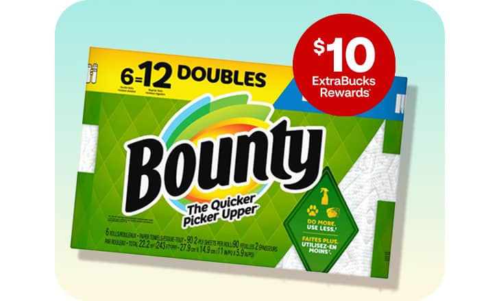 $10 ExtraBucks Rewards, a package of Bounty doubles paper towels