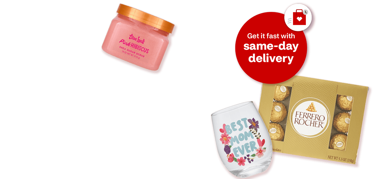 Get it fast with same-day delivery. Morning Dew face mask, Tree Hut Pink Hibiscus shea sugar scrub, e.l.f. lip balm, a box of Ferrero Rocher chocolates, a Best Mom Ever wine glass, small perfume bottle and a woven straw handbag with a floral scarf.