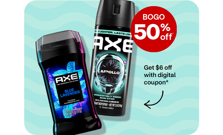 Buy 1, get 1 50% off. Pague $6 menos con un cupón digital. Axe Blue Lavender deodorant and Axe Apollo deodorant