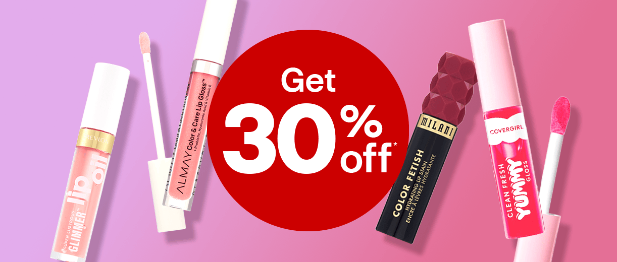 Get 30 percent off, Revlon Glimmer lip oil, Almay lip gloss, Milani Color Fetish lip stain and CoverGirl Yummy gloss