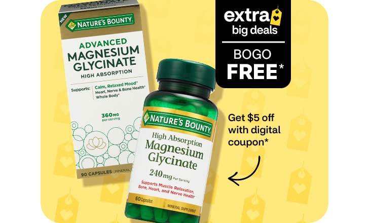 Extra Big Deals, buy 1, get 1 free. Pague $5 menos con un cupón digital. Nature's Bounty Advanced Magnesium Glycinate capsues and High Absorption Magnesium Glycinate capsules.