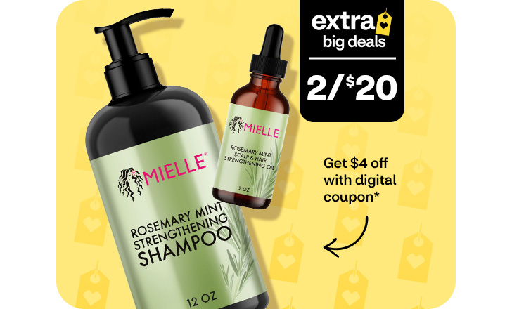 Extra Big Deals, 2 for $20. Get $4 off with digital coupon. Mielle shampoo and rosemary mint scalp hair oil