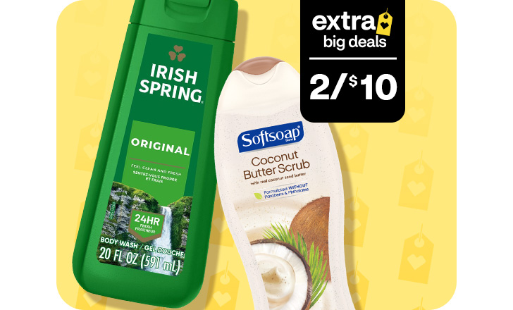 Extra Big Deals. 2 for $10. Irish Spring body wash and Softsoap Coconut Butter Scrub body wash