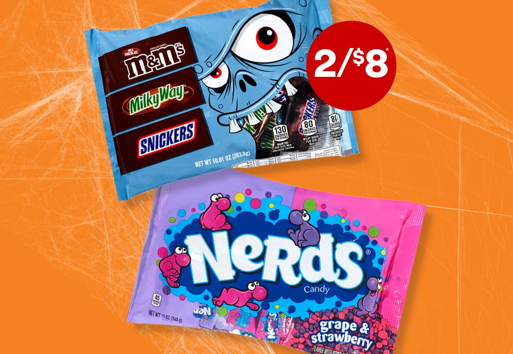 Two for $8, bags of fun-size Hershey's and Nerds Halloween candy.