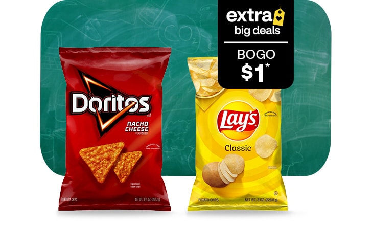 Extra Big Deals, buy 1, get 1 for $1. Doritos and Lay's against a green chalkboard background