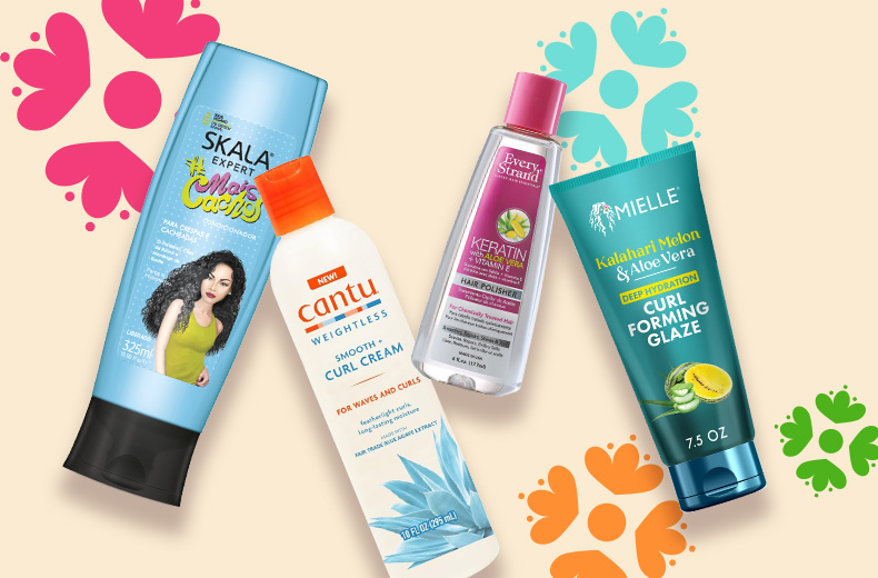 Hispanic Owned & Founded products featuring Cantu curl cream, Mielle curl foaming glaze, Every Strand Keratin hair polisher and Skala Expert Mais Cachos conditioner.