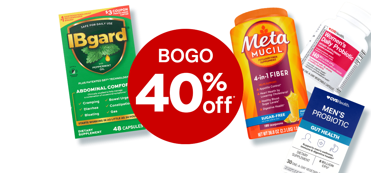 Buy 1, get 1 40% off select digestive heath support products, including Garden of Life probiotics, IBgard with peppermint oil, Meta Mucil fiber supplement, CVS Health Women's Daily Probiotic and CVS Health Men's Probiotic