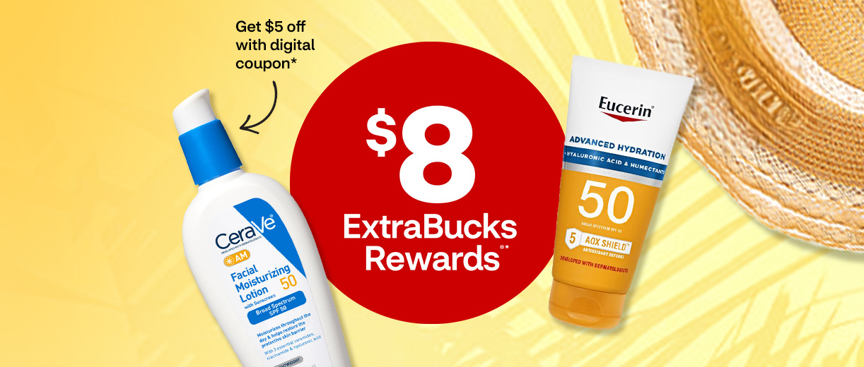 $8 en recompensas ExtraBucks Rewards. Pague $5 menos con un cupón digital. CeraVe lotion, Eucerin SPF 50 and a straw beach house against a yellow background