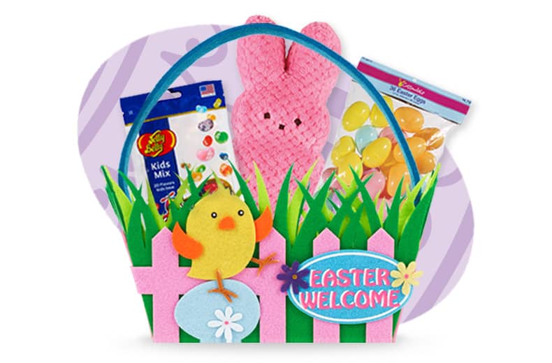 Jelly Belly jelly beans, pink plush bunny and Easter eggs examples of basket fillers