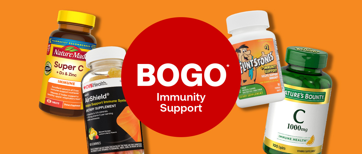 Buy 1, get 1 deals for immunity support. Nature Made Super C immune support, CVS Health AirShield supplements, Flintstones immunity support, Nature's Bounty Vitamin C immune health