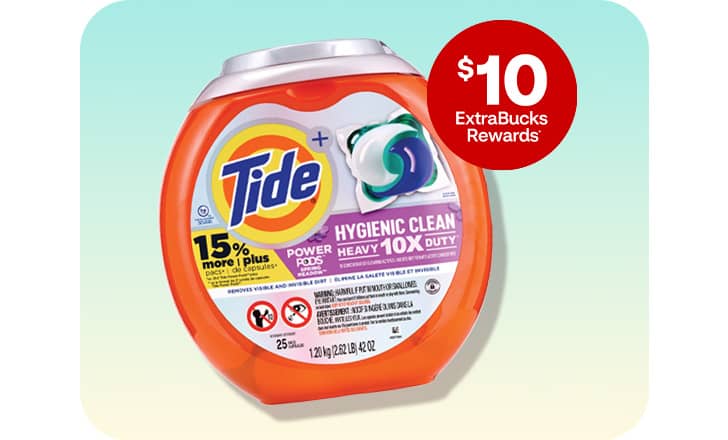 $10 ExtraBucks Rewards, a container of Tide pods laundry detergent