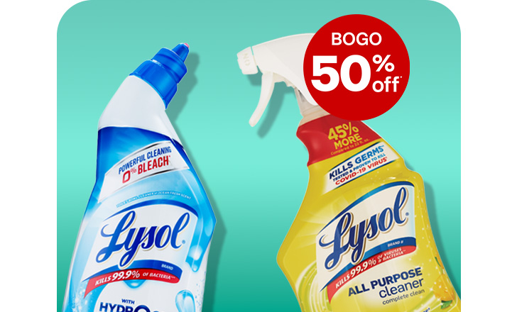 Buy one, get one 50 percent off, Lysol spray disinfectant cleaner.