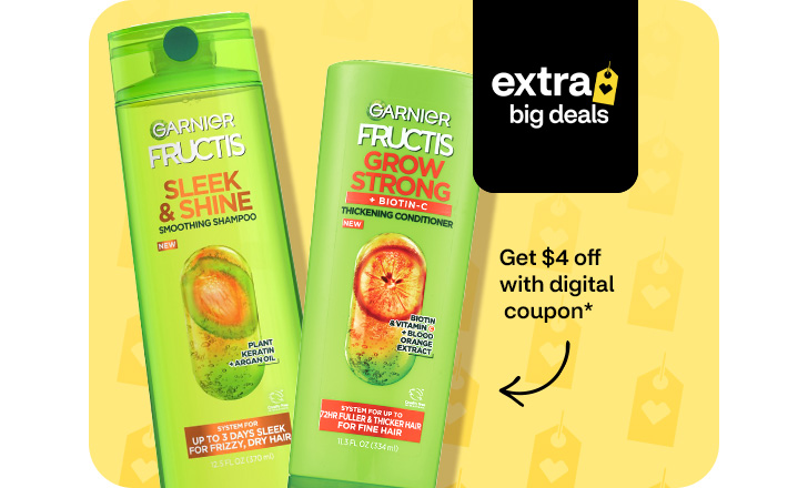 Extra Big Deals. Get $4 off with digital coupon. Garnier Fructis Sleek & Shine Shampoo and Garnier Fructis Grow Strong Conditioner