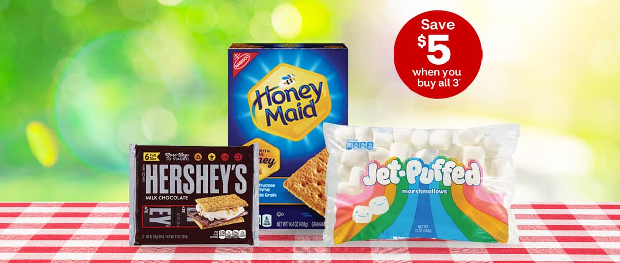 Save $5 when you buy all 3 products. Hershey's chocolate bars, Honey Maid graham crackers and Jet-Puffed marshmallows