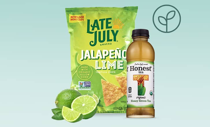Late July Jalapeño Lime tortilla chips, Honest Tea iced tea, organic foods icon