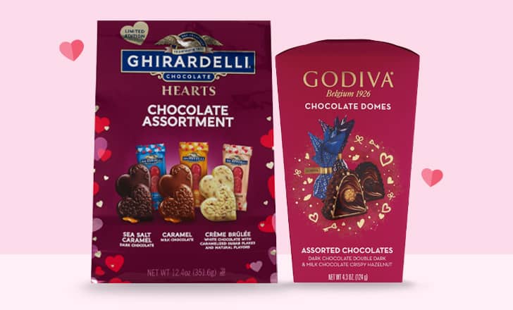 Packages of Ghirardelli Chocolate Assortment and Godiva Chocolate Domes candy.