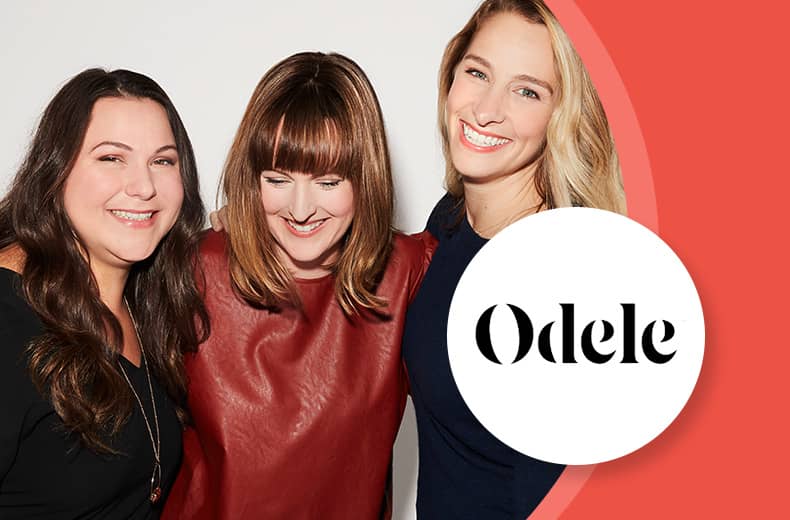 Odele logo, portrait of founders Britta Chatterjee, Lindsay Holden and Shannon Kearney