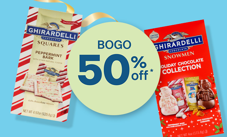 Ghirardelli peppermint bark and snowmen chocolate candy, buy one, get one 50 percent off