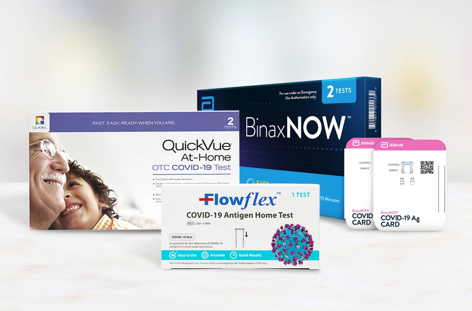 QuickVue, Flowflex, BinaxNOW at-home COVID-19 tests