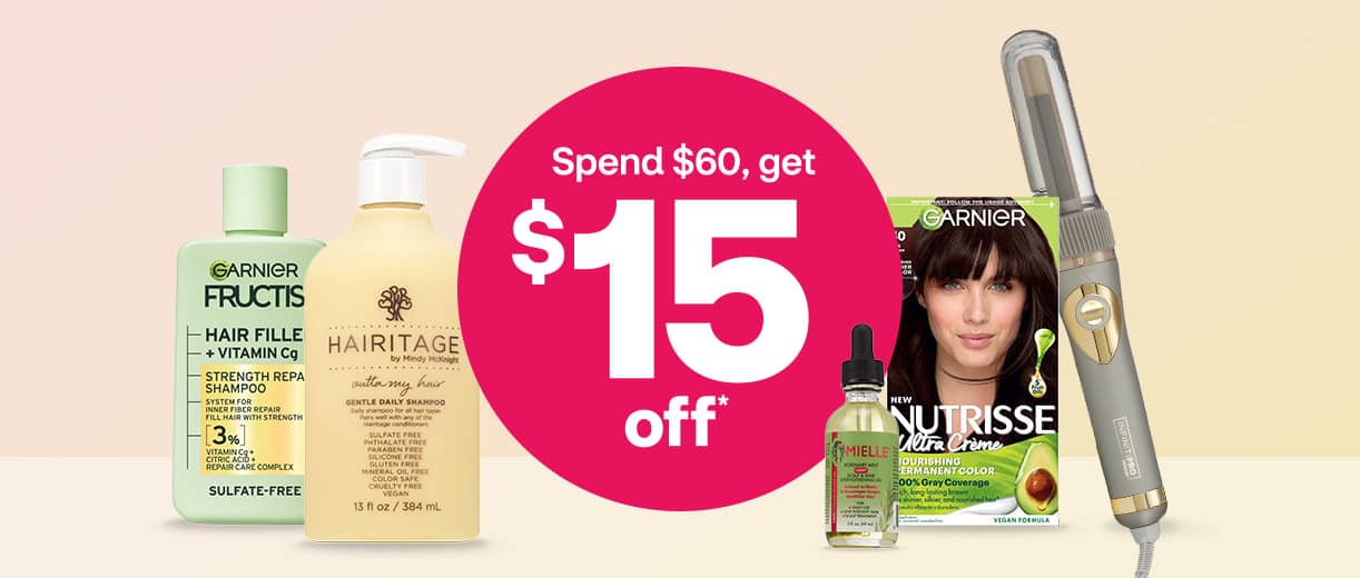 Big Hair Event, spend $60, get $15 off select hair care products by Garnier, Hairitage, Mielle and Conair.